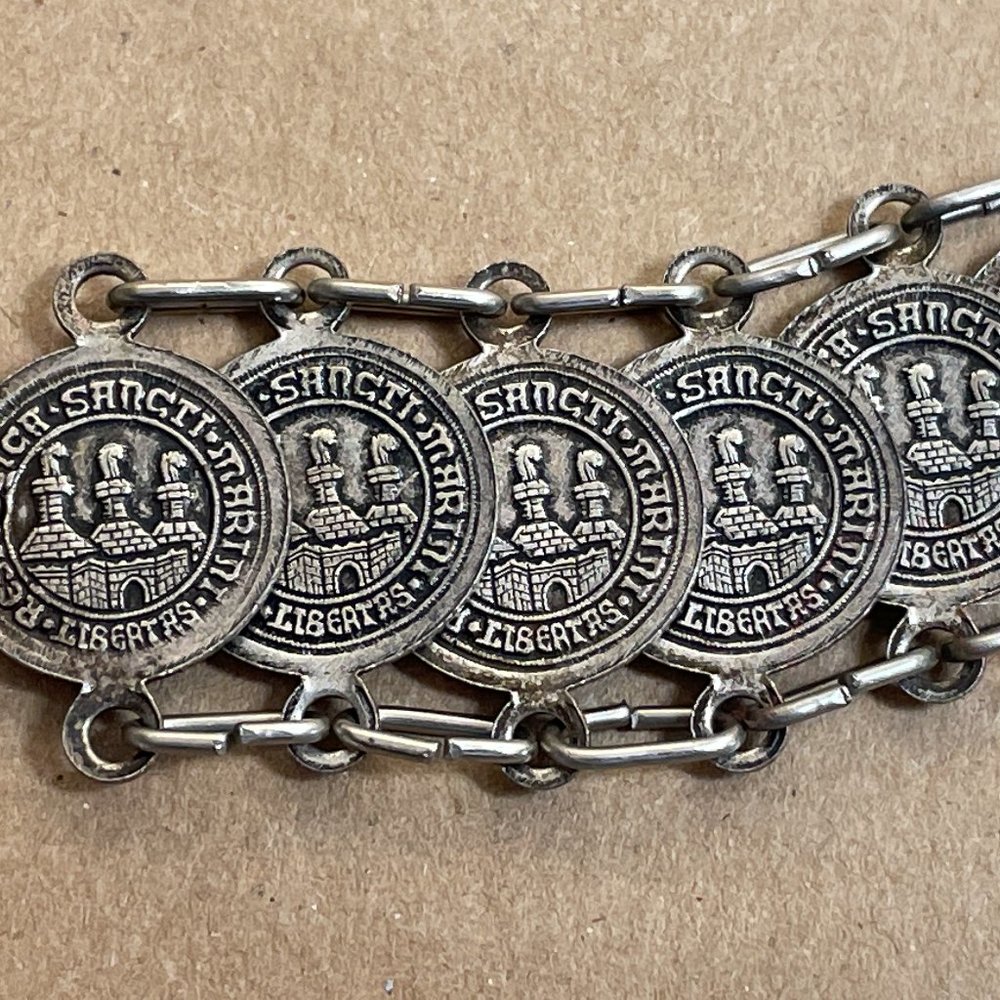 VGUC Vintage 1950's Respublica Sancti Marini Libertas Coin Chain Bracelet, 7" L+ - Picture 3 of 10